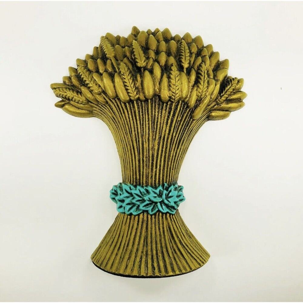 Cast Iron Sheaf of Wheat Door Stop or Door Porter Goldtone Aqua VTG '92 Antiqued
